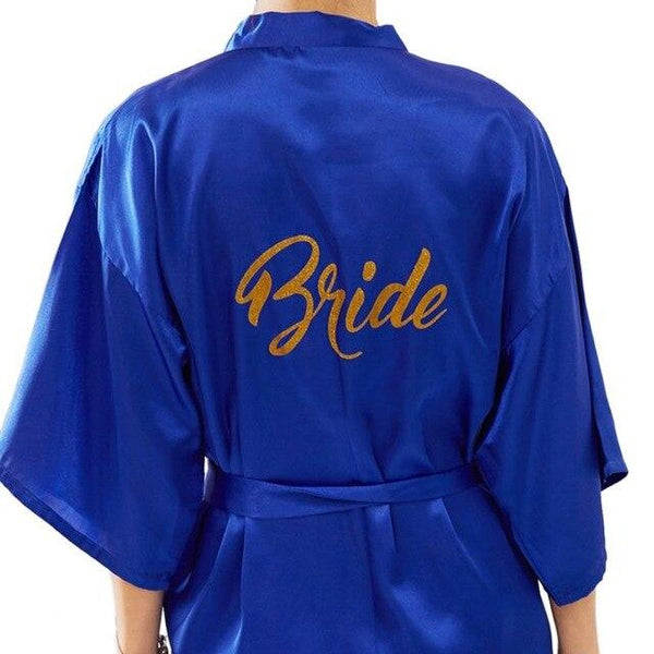 Womens Faux Silk Kimono Short Bath Robe Bride Bridesmaid Glitter Gold Letters Nightgown Belted Wedding Getting Ready Sleepwear