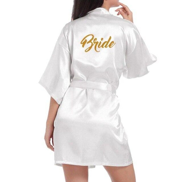 Womens Faux Silk Kimono Short Bath Robe Bride Bridesmaid Glitter Gold Letters Nightgown Belted Wedding Getting Ready Sleepwear