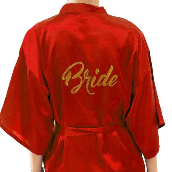 Womens Faux Silk Kimono Short Bath Robe Bride Bridesmaid Glitter Gold Letters Nightgown Belted Wedding Getting Ready Sleepwear