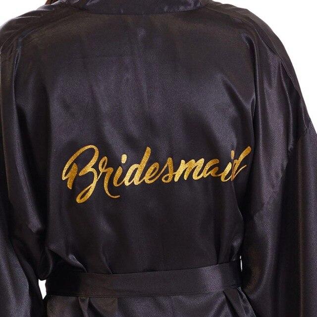 Womens Faux Silk Kimono Short Bath Robe Bride Bridesmaid Glitter Gold Letters Nightgown Belted Wedding Getting Ready Sleepwear