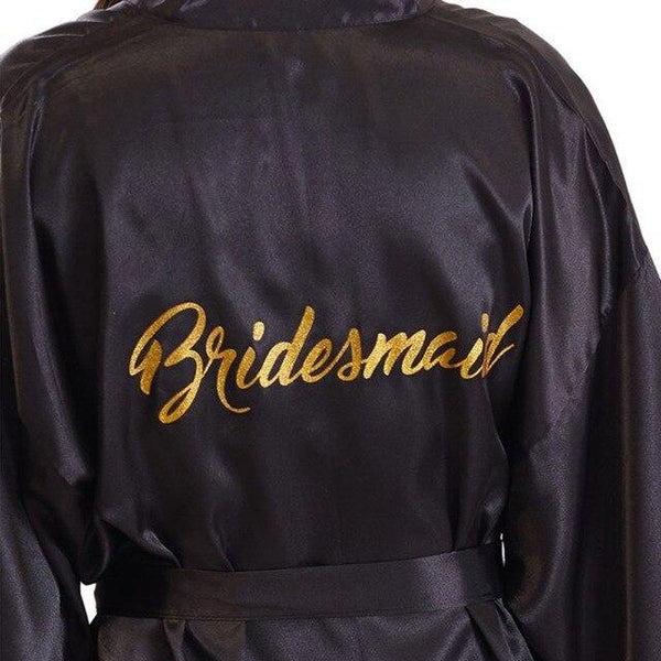 Womens Faux Silk Kimono Short Bath Robe Bride Bridesmaid Glitter Gold Letters Nightgown Belted Wedding Getting Ready Sleepwear