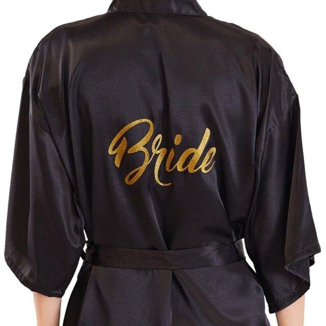Womens Faux Silk Kimono Short Bath Robe Bride Bridesmaid Glitter Gold Letters Nightgown Belted Wedding Getting Ready Sleepwear