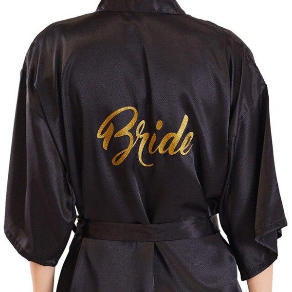 Womens Faux Silk Kimono Short Bath Robe Bride Bridesmaid Glitter Gold Letters Nightgown Belted Wedding Getting Ready Sleepwear