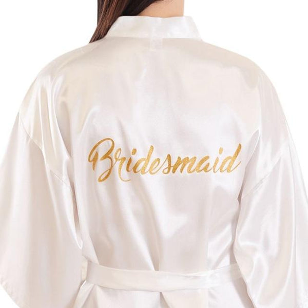 Womens Faux Silk Kimono Short Bath Robe Bride Bridesmaid Glitter Gold Letters Nightgown Belted Wedding Getting Ready Sleepwear