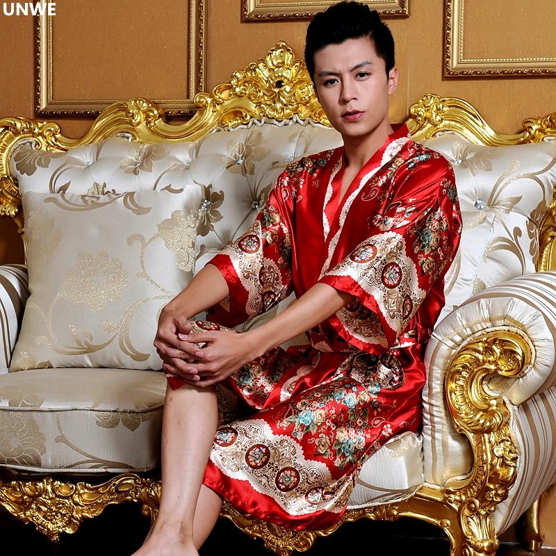 Classical Print Summer Thin Silk Robe Men Nightgown Short Sleeve Plus Size L-3XL Bathrobe Kimono Men's Long Silk Satin Pajamas