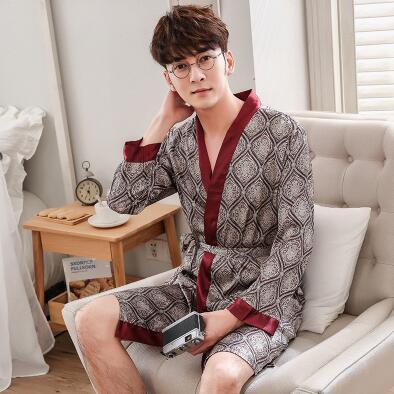 Classical Print Summer Thin Silk Robe Men Nightgown Short Sleeve Plus Size L-3XL Bathrobe Kimono Men's Long Silk Satin Pajamas