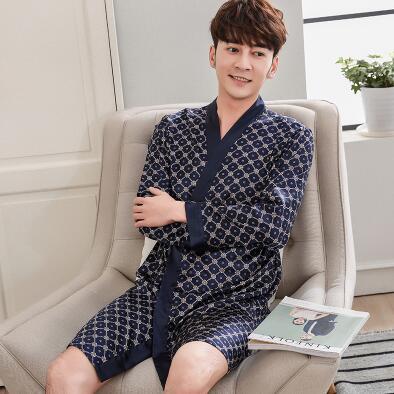Classical Print Summer Thin Silk Robe Men Nightgown Short Sleeve Plus Size L-3XL Bathrobe Kimono Men's Long Silk Satin Pajamas