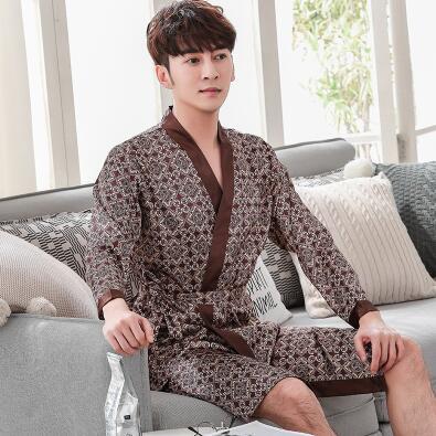 Classical Print Summer Thin Silk Robe Men Nightgown Short Sleeve Plus Size L-3XL Bathrobe Kimono Men's Long Silk Satin Pajamas
