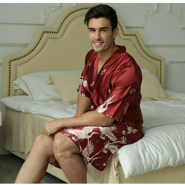 New men's nightgown summer long section printed Chinese style simulation silk nightgown Men's groom groomsmen robe sexy pajamas