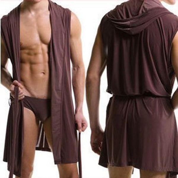 Sexy ice silk mens nightgown comfortable seamless robe pajamas home sleepwear suit for meale sleeveless hooded robes