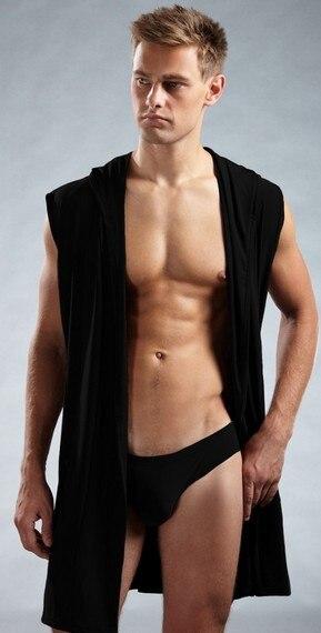 Sexy ice silk mens nightgown comfortable seamless robe pajamas home sleepwear suit for meale sleeveless hooded robes