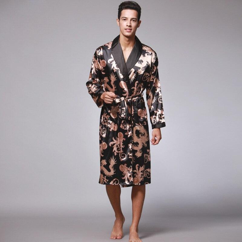 Autumn new simulation silk robe print bathrobe silk pajamas men's long robes home service long sleeve nightgown  silk robe men