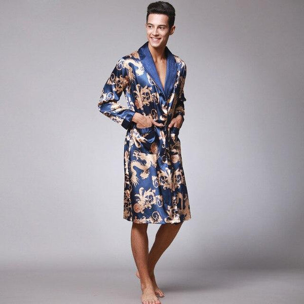 Autumn new simulation silk robe print bathrobe silk pajamas men's long robes home service long sleeve nightgown  silk robe men
