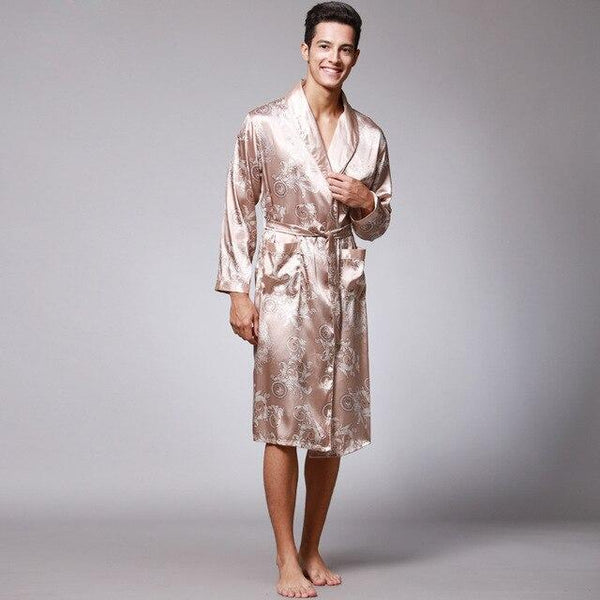 Autumn new simulation silk robe print bathrobe silk pajamas men's long robes home service long sleeve nightgown  silk robe men
