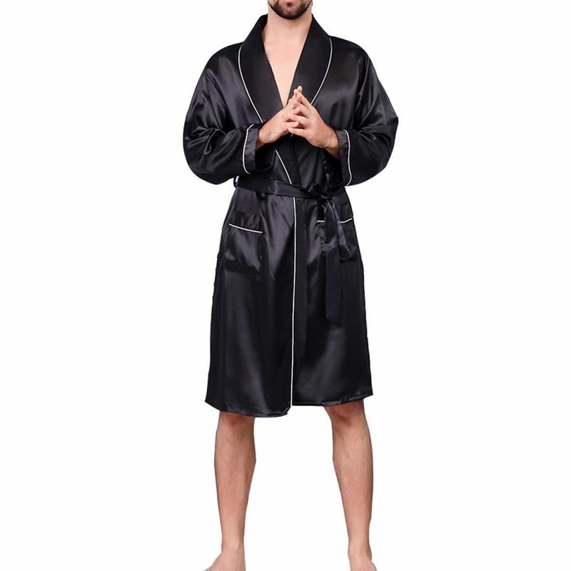 2019 Summer Men's Casual Printed Pajamas Silk Robe Men's V-neck Thin Nightgown Soft Satin Bathrobe Long-sleeved Large Size Robe