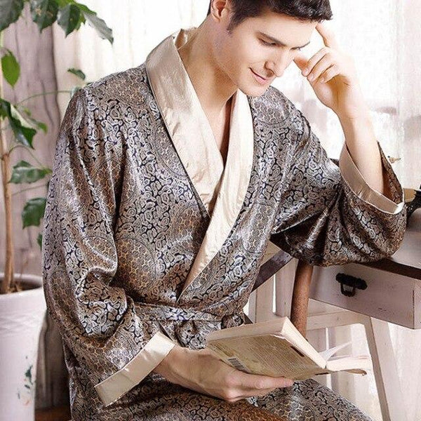 Mumdo Spring Autumn Luxury Bathrobe Mens Print Plus Size Silk Satin Pajamas Kimono Summer Male Nightgown Chinese Silk Robe