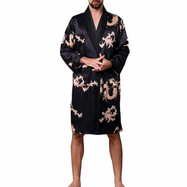 2019 Summer Men's Casual Printed Pajamas Silk Robe Men's V-neck Thin Nightgown Soft Satin Bathrobe Long-sleeved Large Size Robe