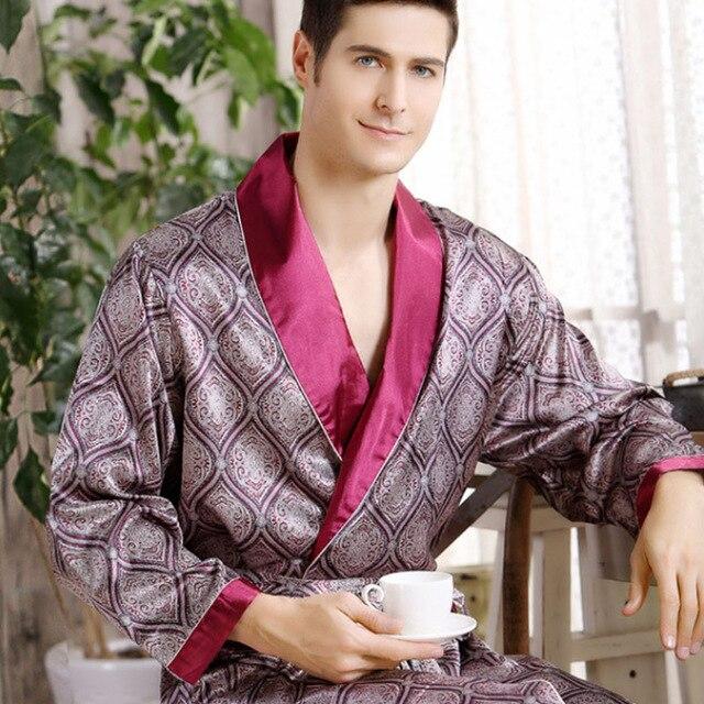 Mumdo Spring Autumn Luxury Bathrobe Mens Print Plus Size Silk Satin Pajamas Kimono Summer Male Nightgown Chinese Silk Robe