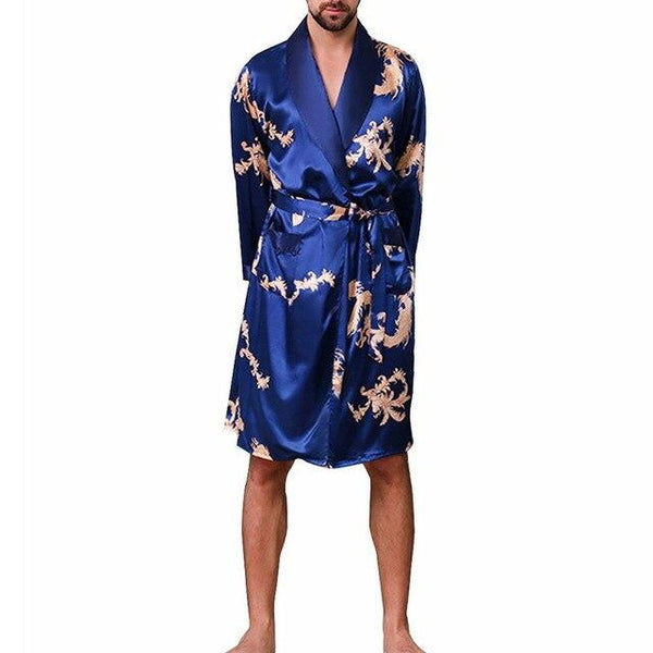 2019 Summer Men's Casual Printed Pajamas Silk Robe Men's V-neck Thin Nightgown Soft Satin Bathrobe Long-sleeved Large Size Robe