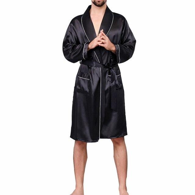 2019 Summer Men's Casual Printed Pajamas Silk Robe Men's V-neck Thin Nightgown Soft Satin Bathrobe Long-sleeved Large Size Robe