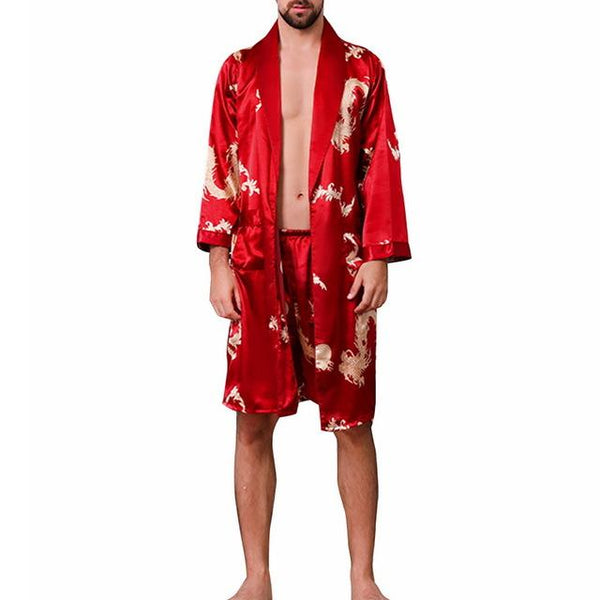 2019 Summer Men's Casual Printed Pajamas Silk Robe Men's V-neck Thin Nightgown Soft Satin Bathrobe Long-sleeved Large Size Robe