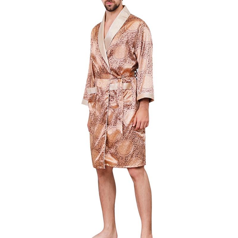 Mens Fashion Summer Luxurious Silk Printed Robes 2019 New Long-Sleeve Thin Nightgown Soft Satin Comfortable Pajamas