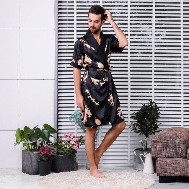 MUQGEW bathrobe men V neck nightgown Summer Simulation Silk Long Section Sleeves Home Service Thin Men's Pajamas#G4