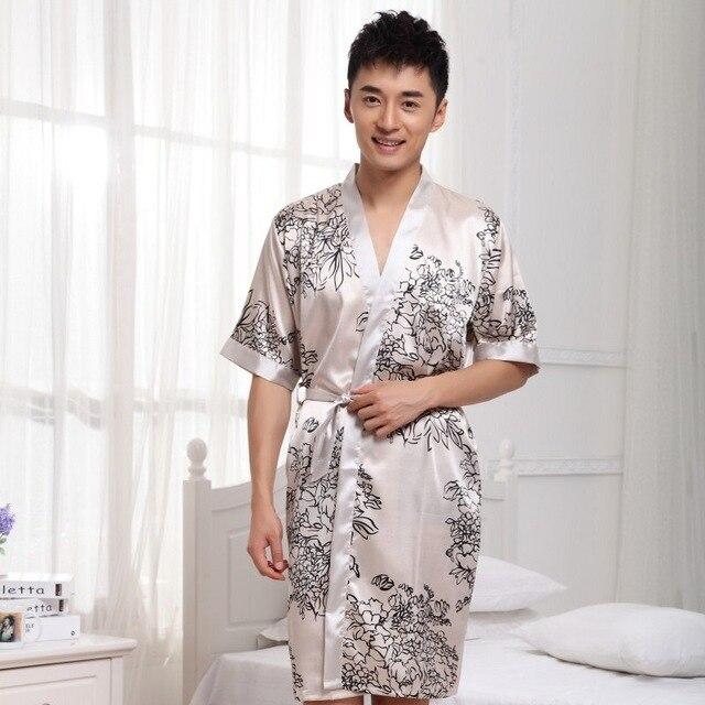 Men's spring and summer silk Printed Robe bathrobes pajamas home clothes Male Nightgown Kimono Sleepwear Bathrobe