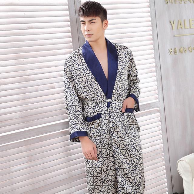 Men's spring and summer silk Printed Robe bathrobes pajamas home clothes Male Nightgown Kimono Sleepwear Bathrobe