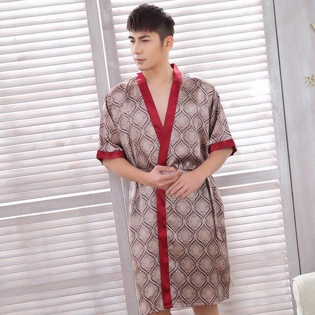 Men's spring and summer silk Printed Robe bathrobes pajamas home clothes Male Nightgown Kimono Sleepwear Bathrobe