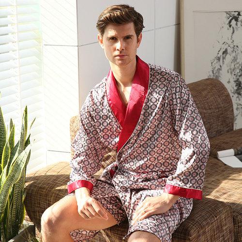 2018 Men's Satin Silk Robe Shorts Nightgown Two-piece Set Nightdress Thin Silk Pajamas Set