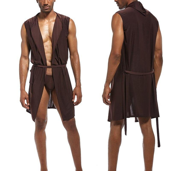 Soft Men's Silk Kimono Bathrobe Hooded Pajamas Male Nightgown Bath Robes Lounge Robe Sleeveless Open Front Sleepwear with Belt