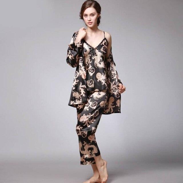 Luxury Spring Silk Satin Couple Pajamas Men Robes Women 3 Piece Set Sleepwear Print Long Sleeve Lovers Nightgown Pijama Feminino