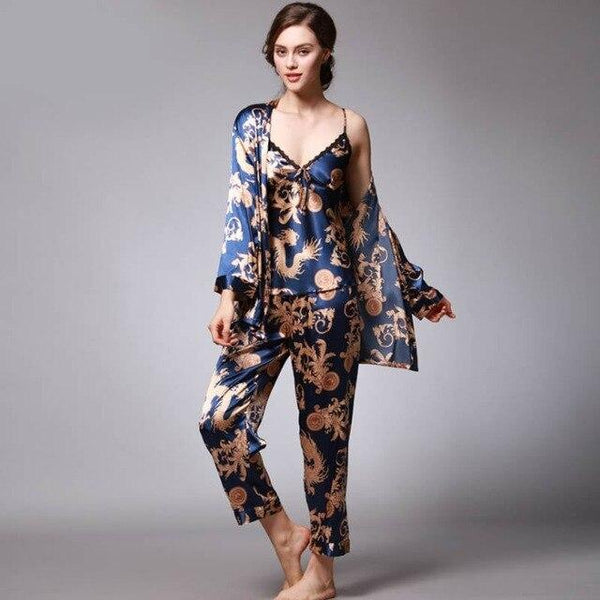 Luxury Spring Silk Satin Couple Pajamas Men Robes Women 3 Piece Set Sleepwear Print Long Sleeve Lovers Nightgown Pijama Feminino