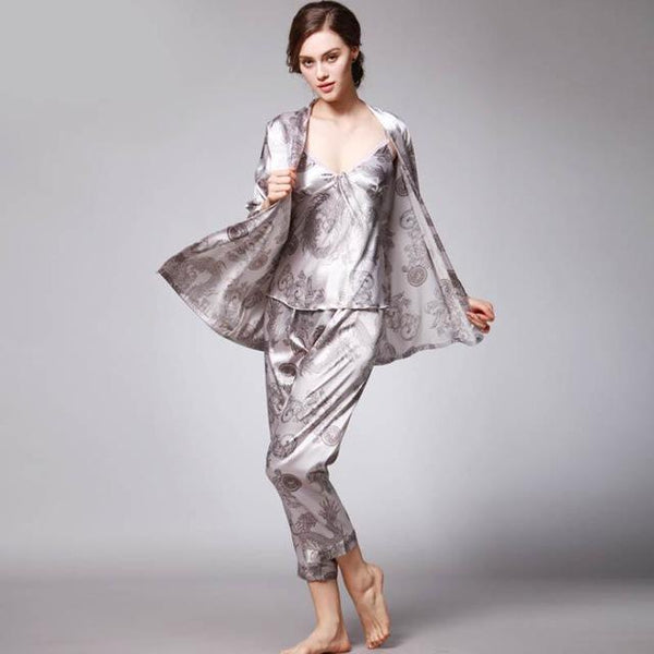 Luxury Spring Silk Satin Couple Pajamas Men Robes Women 3 Piece Set Sleepwear Print Long Sleeve Lovers Nightgown Pijama Feminino