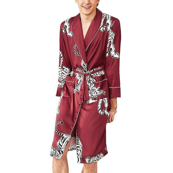 Men Simulation Silk Print Lingerie Robe Bathrobe Dressing Gown koszula nocna chemise de nuit  nightgown gecelik negligee