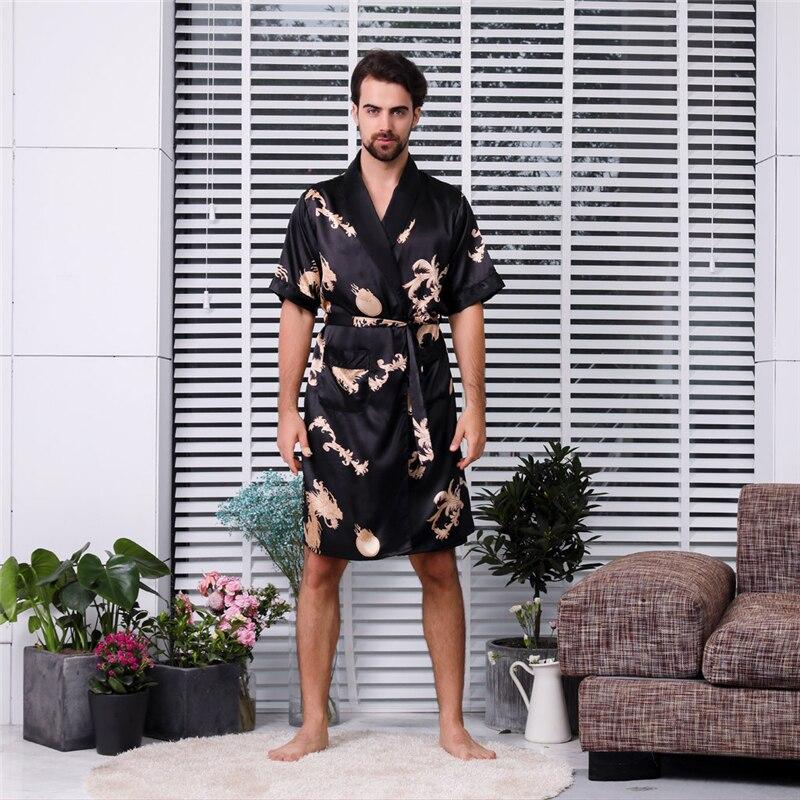Womail Summer Sexy Men's Robe Bathrobe Casual Simulation Silk Short Sleeves Home Service Thin Men's Nightgown Dropship Ap25