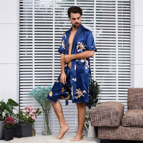 Womail Summer Sexy Men's Robe Bathrobe Casual Simulation Silk Short Sleeves Home Service Thin Men's Nightgown Dropship Ap25