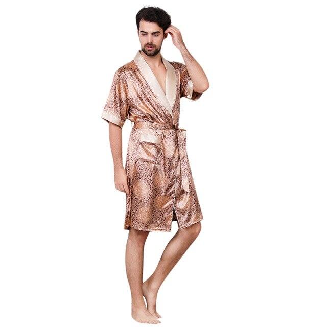 Womail Summer Sexy Men's Robe Bathrobe Casual Simulation Silk Short Sleeves Home Service Men's Print Nightgown Dropship Ap25