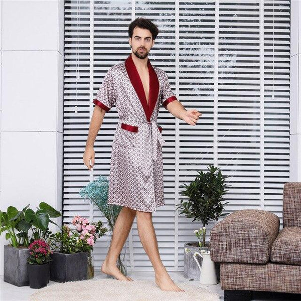 Womail Summer Sexy Men's Robe Bathrobe Casual Simulation Silk Short Sleeves Home Service Men's Print Nightgown Dropship Ap25