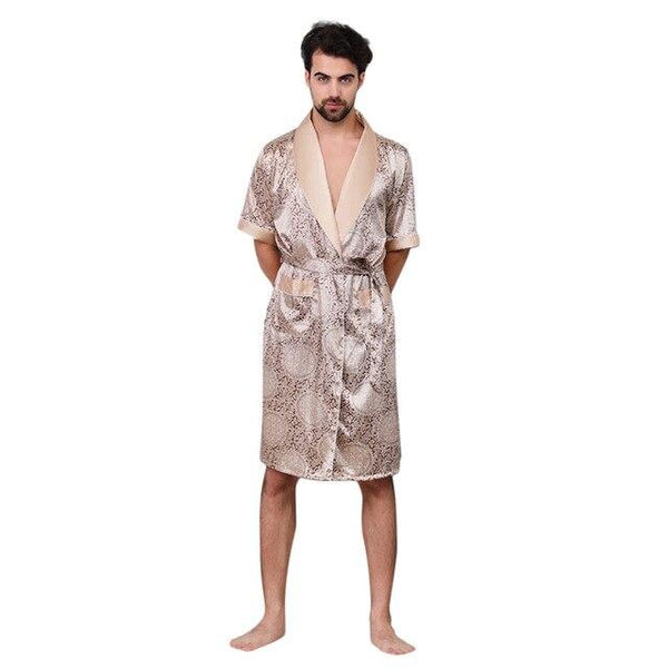 Womail Summer Sexy Men's Robe Bathrobe Casual Simulation Silk Short Sleeves Home Service Men's Print Nightgown Dropship Ap25