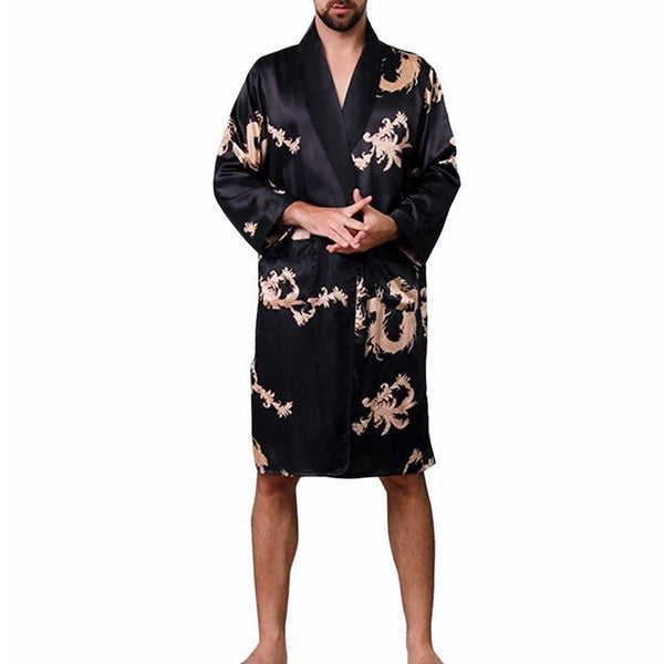 Oeak Men's Fashion Soft Comfortable Satin Bathrobe Exquisite Print Pajamas New Long Sleeve Lace Up Slim Fit Casual Nightgown