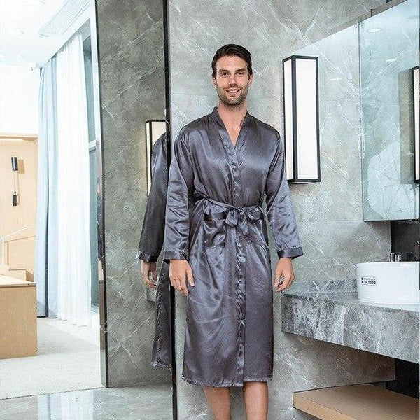 Burgundy Mens Kimono Robe Faux Silk Bath Gown Bathrobe Long Sleeve Nightgown Home Wear Sleepwear Hombre Pijama Size S-XXXL