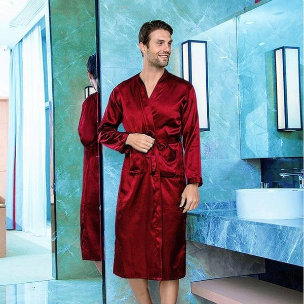 Burgundy Mens Kimono Robe Faux Silk Bath Gown Bathrobe Long Sleeve Nightgown Home Wear Sleepwear Hombre Pijama Size S-XXXL