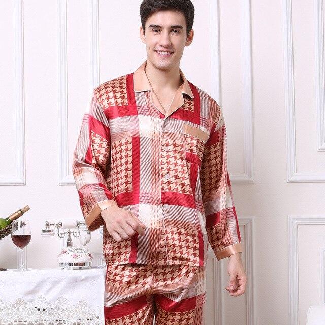 Printed Satin Silk Mens Pajamas High Quality Male Nightgown Sleepwear Autumn Spring Full Sleeves Pants 2Pieces Pajama Set