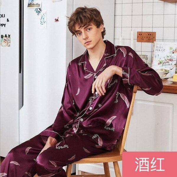 YT- 090 Silk Long Sleeve Sleepwear Men Spring Summer Suit Male Homewear Nightgowns Satin Pajamas Sets 2 Pcs