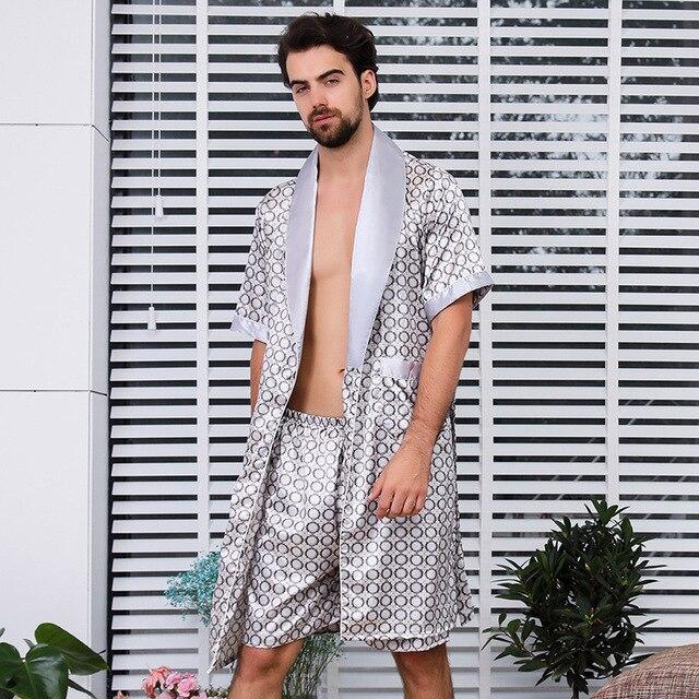 Men's Silk Nightgown Two-Piece Summer Thin Short-Sleeve Pajamas Large Size Bathrobe robe cetim peignoir  mens pajamas  pajamas