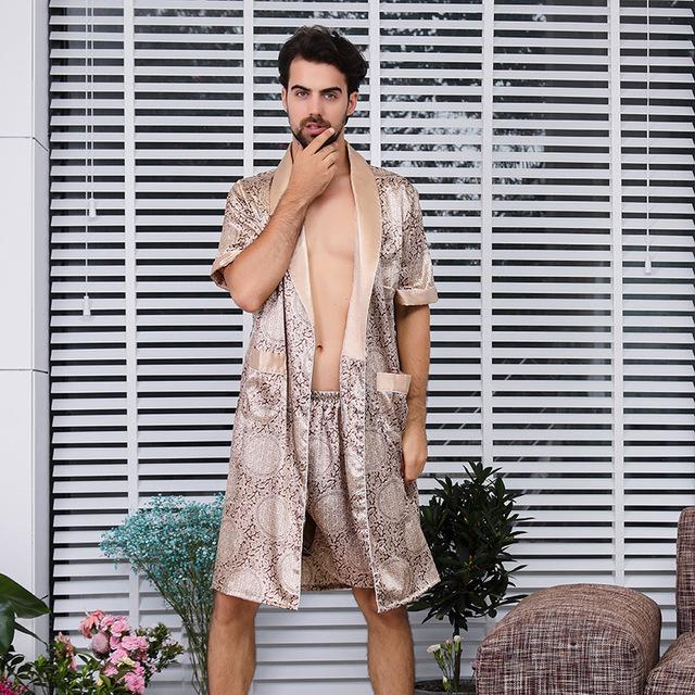 Men's Silk Nightgown Two-Piece Summer Thin Short-Sleeve Pajamas Large Size Bathrobe robe cetim peignoir  mens pajamas  pajamas
