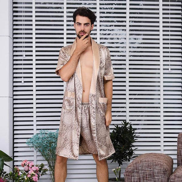 Men's Silk Nightgown Two-Piece Summer Thin Short-Sleeve Pajamas Large Size Bathrobe robe cetim peignoir  mens pajamas  pajamas