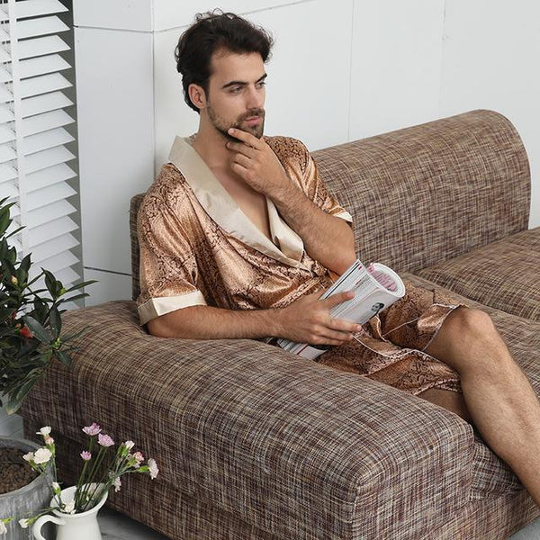 Men's Silk Nightgown Two-Piece Summer Thin Short-Sleeve Pajamas Large Size Bathrobe robe cetim peignoir  mens pajamas  pajamas